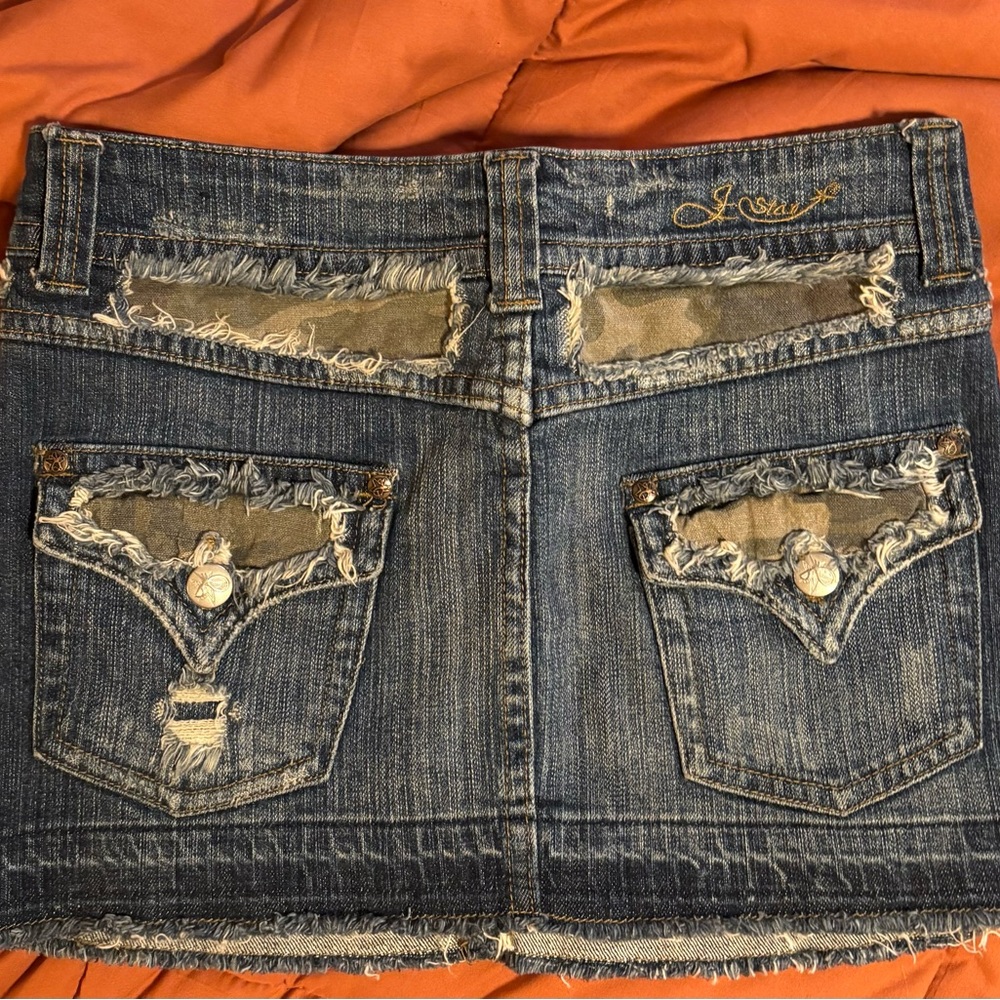 J-Star Denim Mini Skirt Size 1/2 with Camo inserts on the back